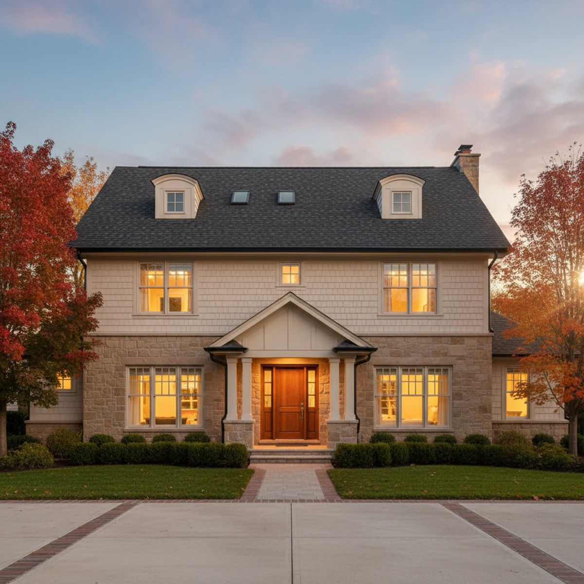 Two-story craftsman home in Chicagoland at sunset showing windows, gutters, dormers, and driveway